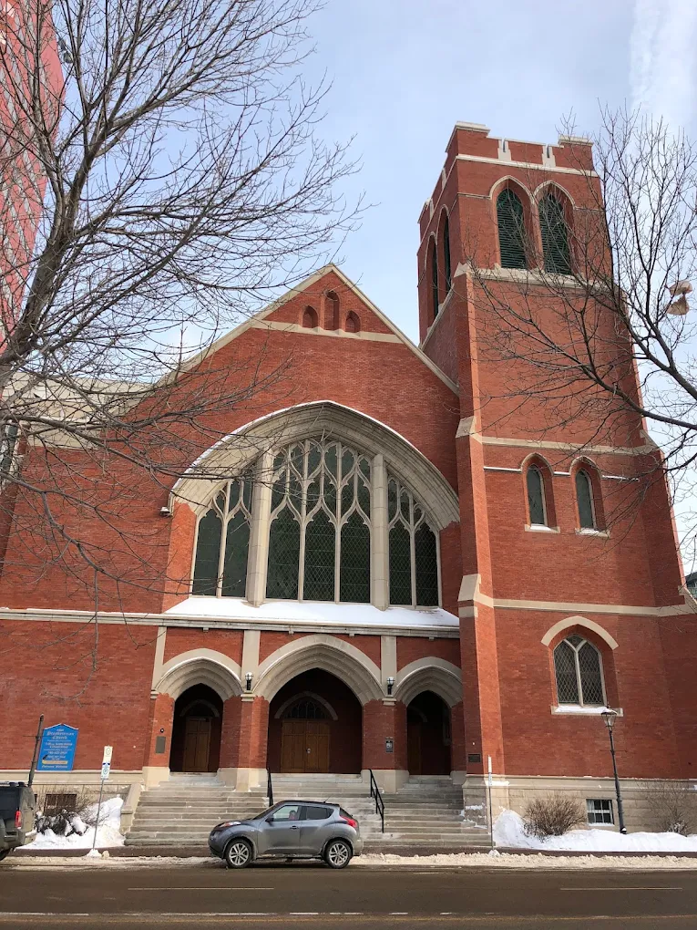 The brick front of First Presbyterian Church on 105 Street